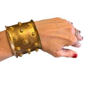Artisan Hammered Brass Studded Wide Cuff Bracelet